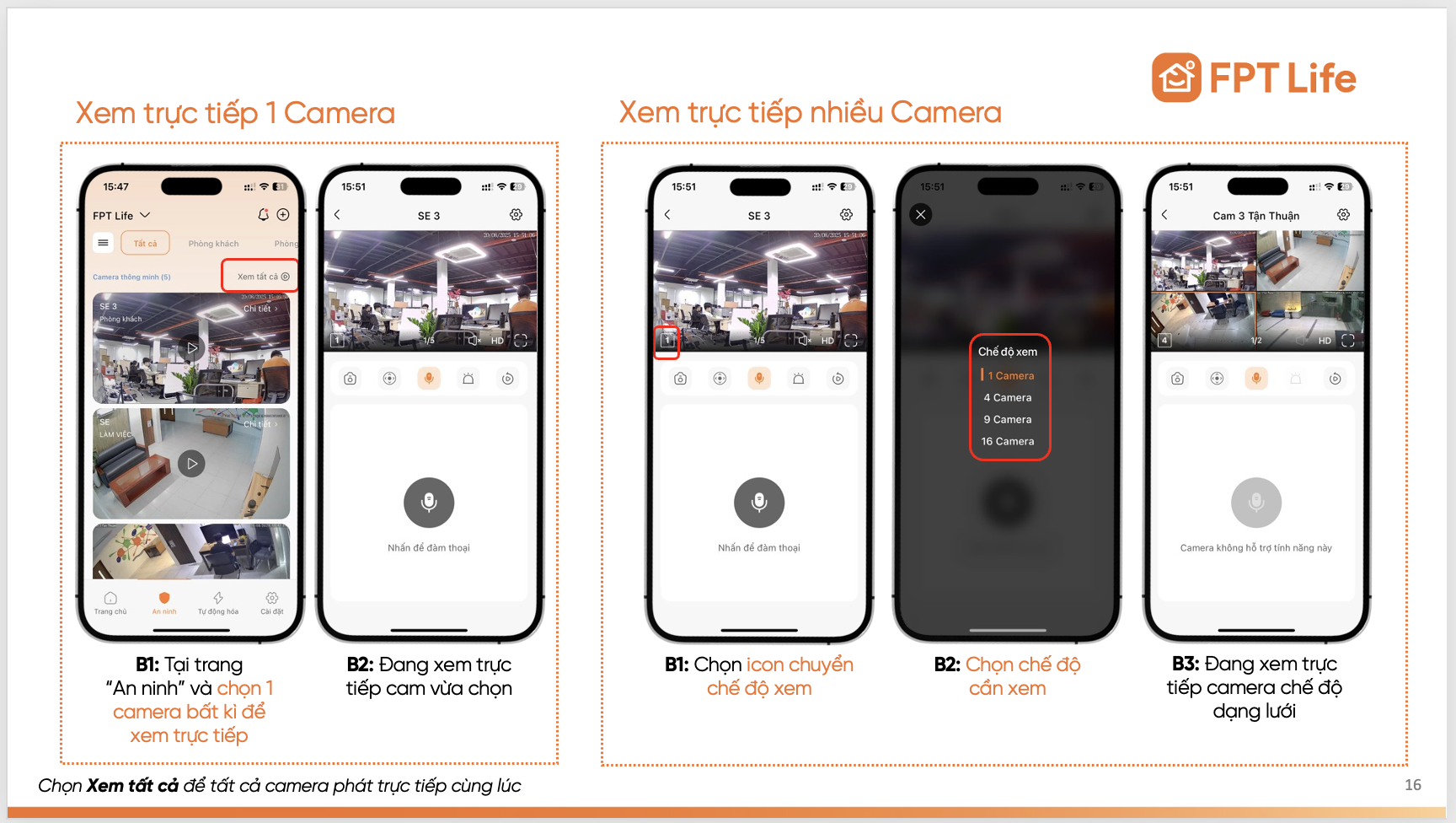 Giao diện xem camera trực tiếp FPT Life - Màn hình chính